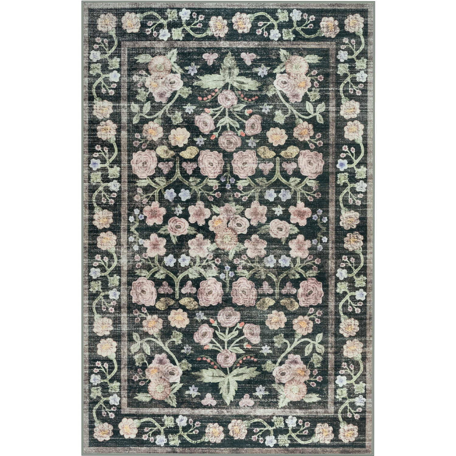 Wondo Washable Area Rug 6x9 - Traditional Floral Living Room Rug Stain Resistant Soft Bedroom Rug, For Under Table Living Room Indoor Rug, Black