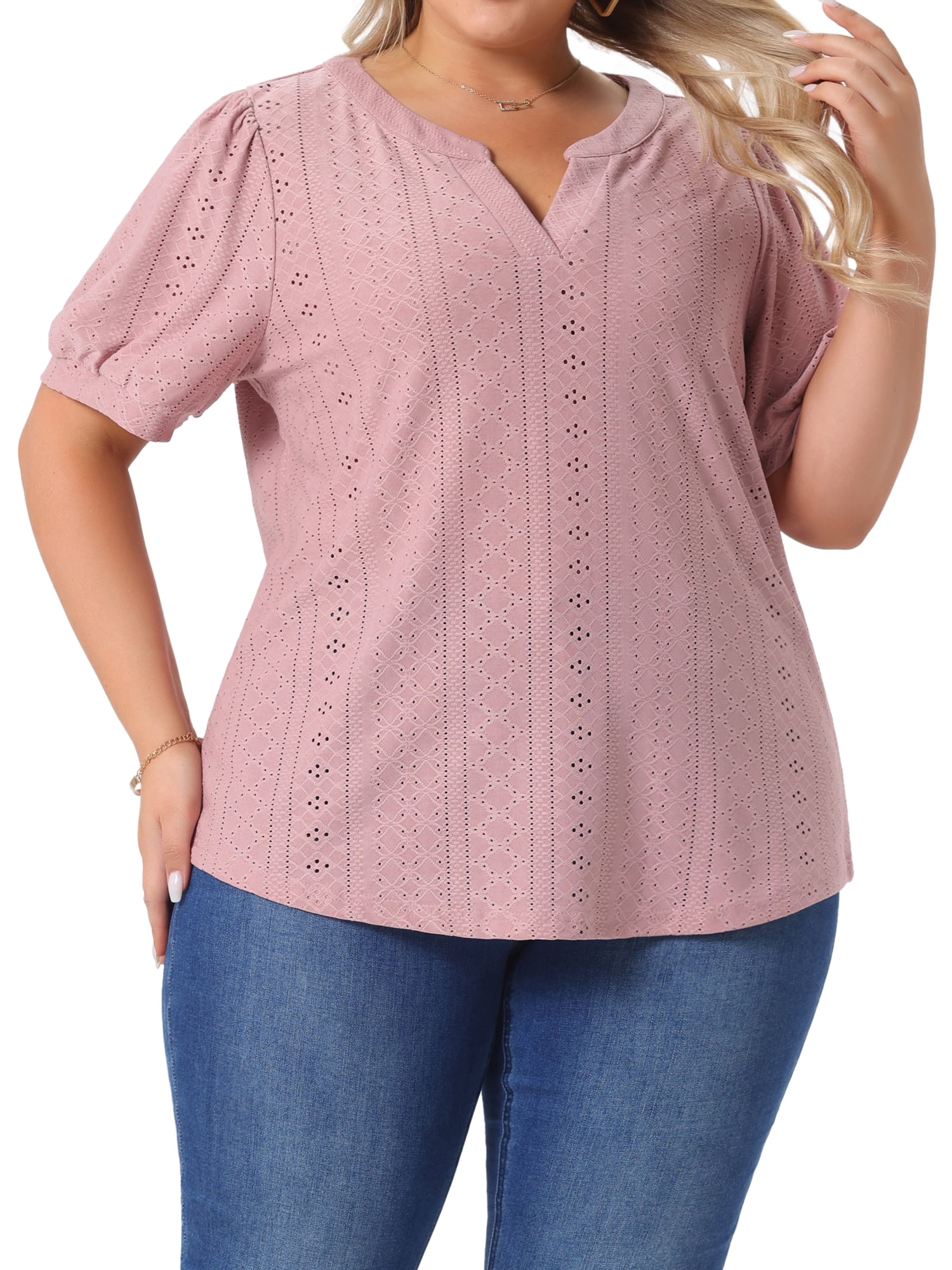 Women's Plus Tops Hollow Casual V Neck Short Sleeve Summer Blouse Shirts 5X Pink