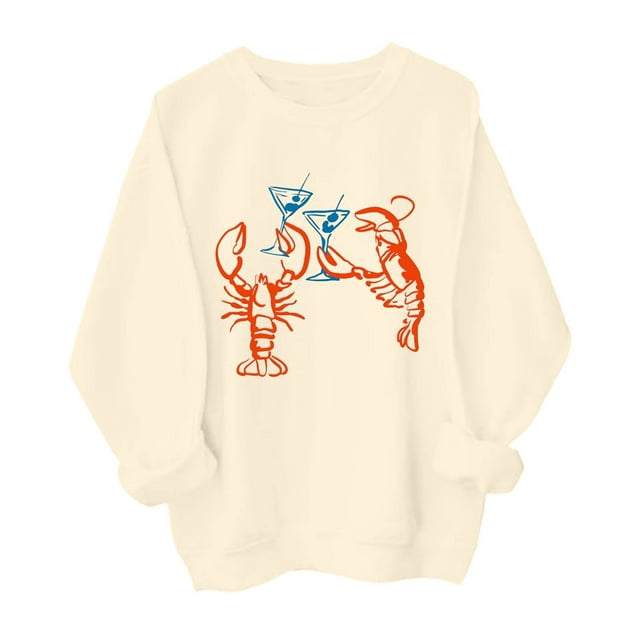 Women's Lobster Print Retro Patterned Hoodless Sweatshirt Long Sleeve Crewneck Pullover Top
