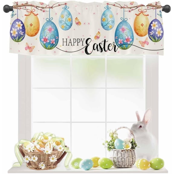 Happy Easter Valance for Windows Floral Eggs Curtains Valances Butterfly Rod Pocket Valance Window Treatments Spring Holiday Short Curtains for Kitchen Living Room Bedroom Bathroom 54x18 Inch