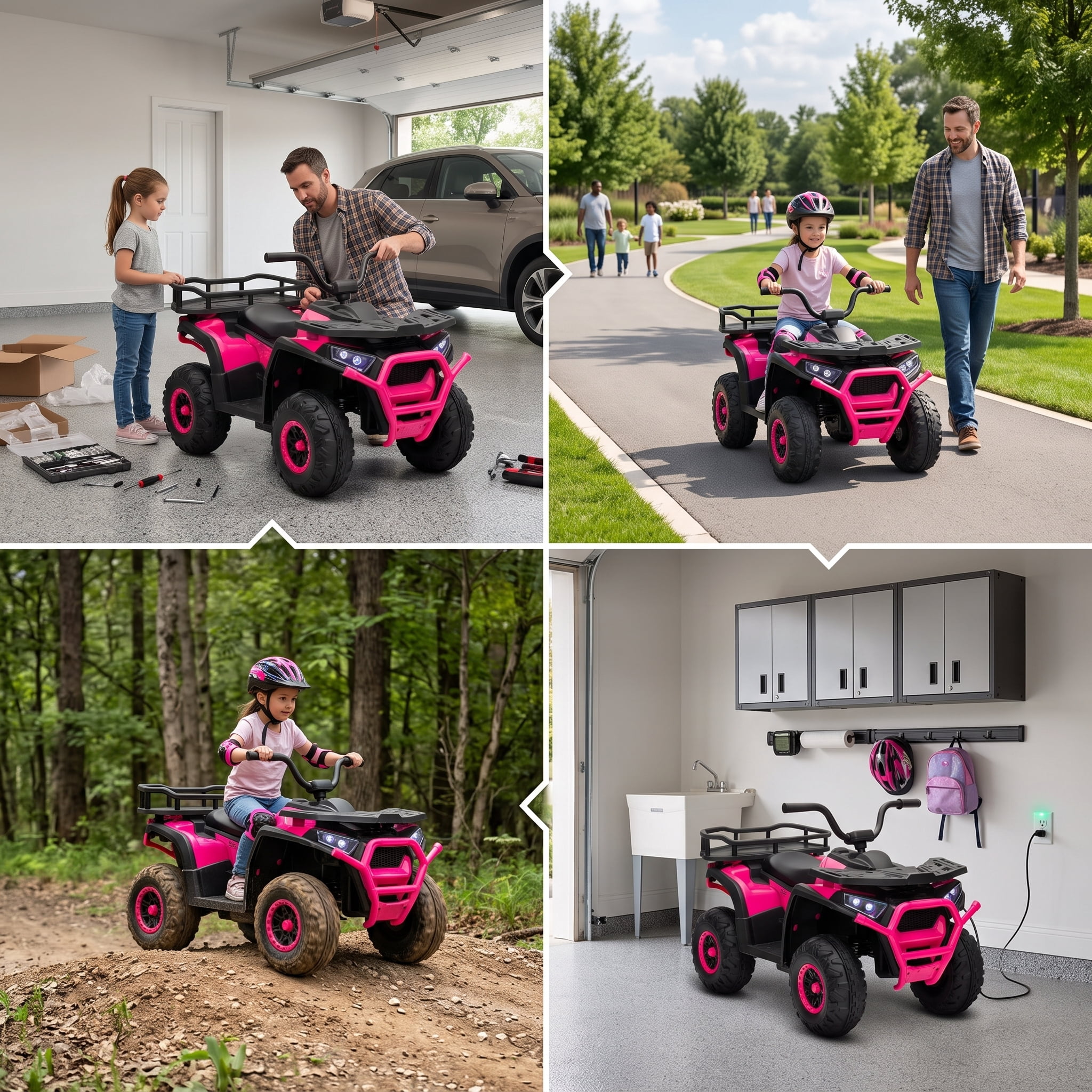 12V Kids Quad ATV, 4 Wheeler with 4 Spring Suspension Wheels, LED Lights, Music USB, Pink