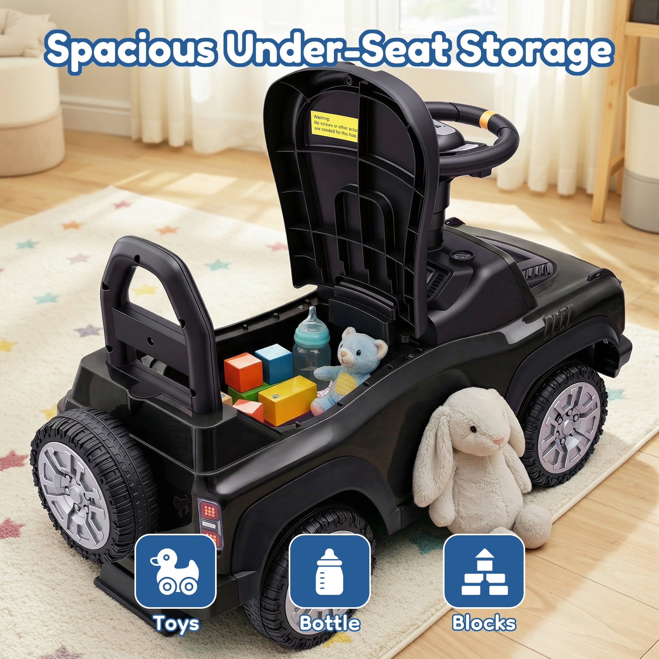Ford Bronco Ride On Car for Toddlers 1-3, Ride On Toys with Steering Wheel, Music, Horn & Engine Sounds, Under Seat Storage, Silent Wheels, Easy Push Footto Floor Car for Boys & Girls, Black