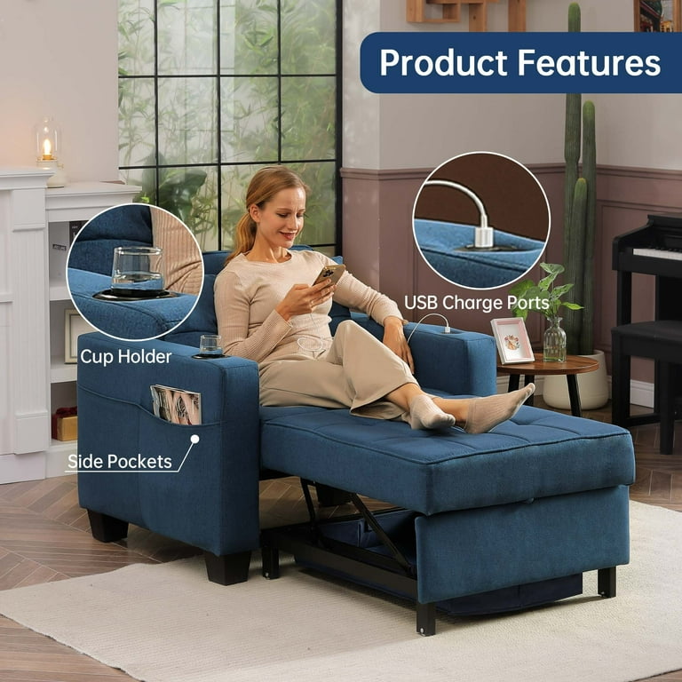 DURASPACE Futon Chair Bed Convertible Chair 3 in 1 Pull Out Sleeper Chair Beds for Living Room Blue Linen