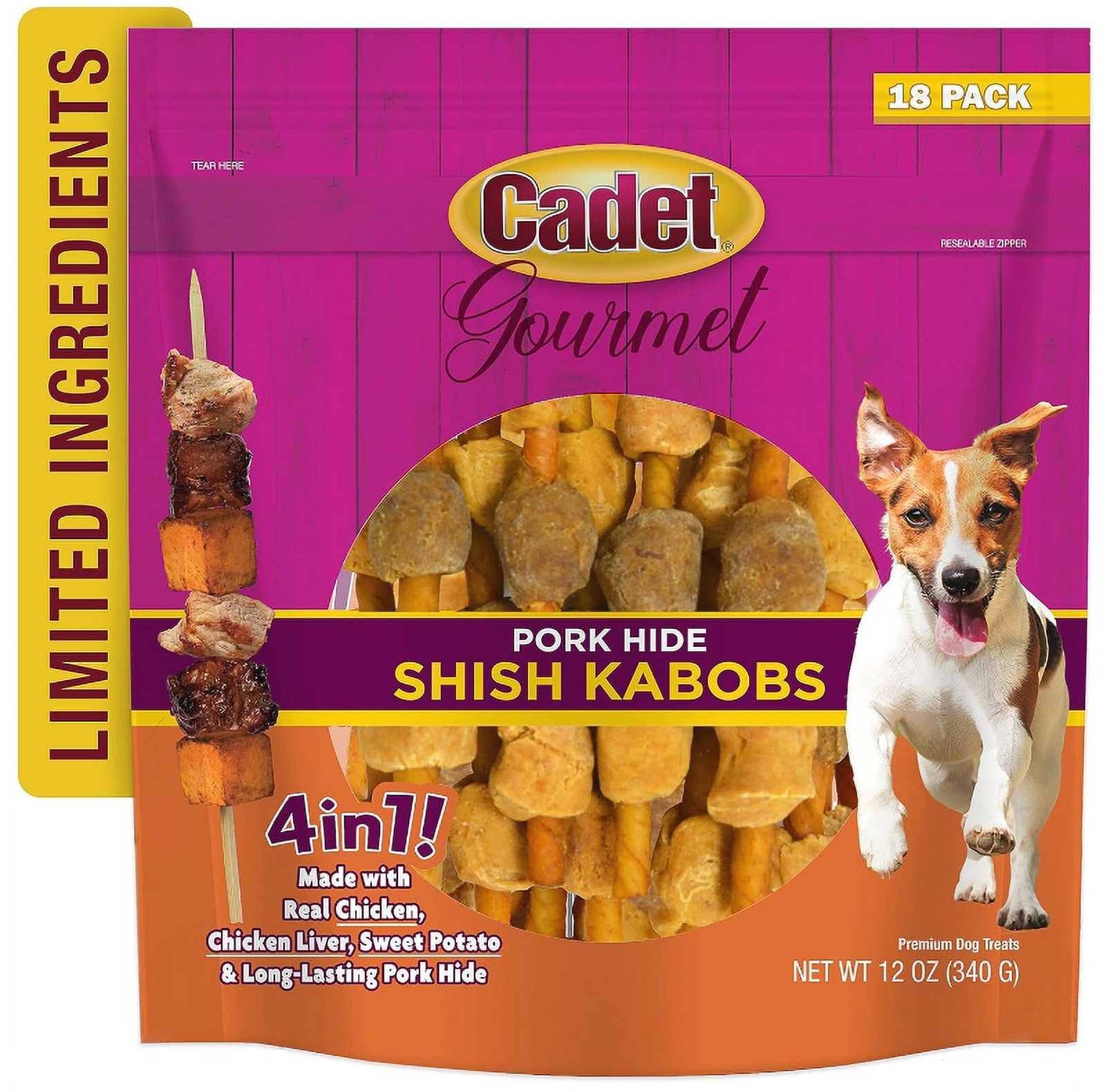 3 Pack Cadet Gourmet Pork Hide Shish Kabobs [Dog Meat and Jerky Treats, New Dog Supplies, Bulk Dog Supplies, Cadet] 54 count (3 x 18 ct)