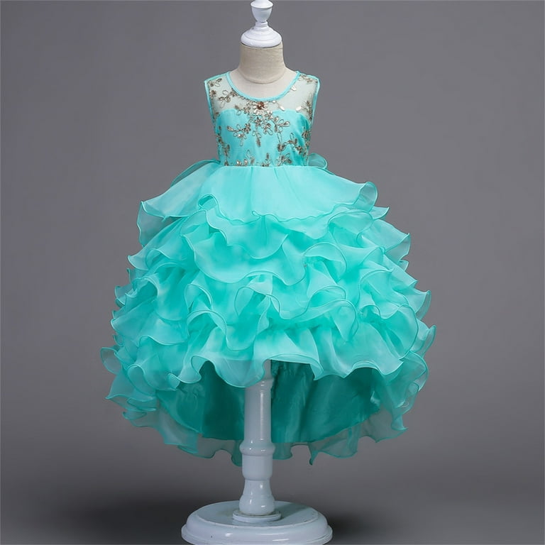 Aayomet Flower Girl Dress Girls Lace Flower Ruffle Sleeve A Line Swing Wedding Party Maxi Dress with Pockets Green 5 6 Years