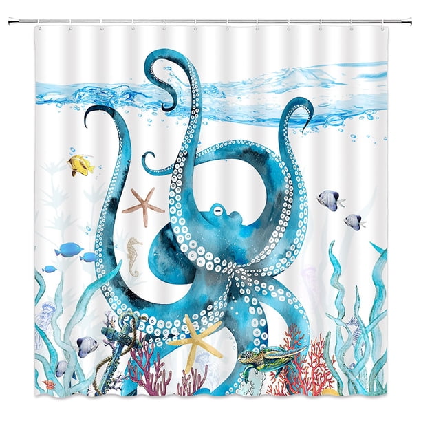 Cortina de ducha de pulpo azul, divertido Tropical, tentáculos de Kraken, tortuga marina, caballito de mar, estrella de mar, Animal marino, cortina de baño con ganchos