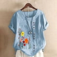 thumbnail image 2 of T Shirts For Women Womens Tops Cotton Linen Tops For Crewneck Roll Up Short Sleeve Tshirt Trendy Floral Print Casual Loose Fitted Blouse, 2 of 5