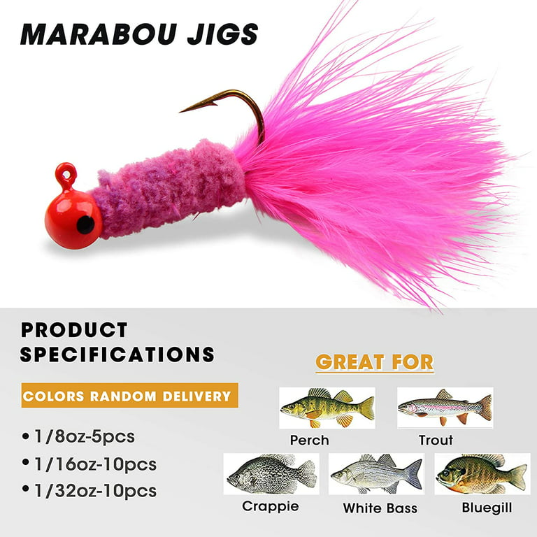 Dr.Fish 10 Pack Marabou Feather Jigs Fishing Jig Heads for Bass Crappie  Trout Walleye Round Ball Fishing Lures Jigs Kit Panfish Bluegill Freshwater  Lures 1/16oz - Yahoo Shopping