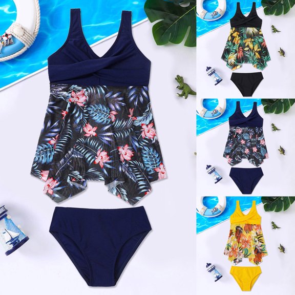 ibiyuan Girls Tankini Swimsuits 2 Piece Adjustable Wide Straps 3t Bathing Suit Girl Lightweight Tropical Print Tankini Sets Cute Ruffle Cut Out Girls Bikini Girls' Swimwear with Print Shorts