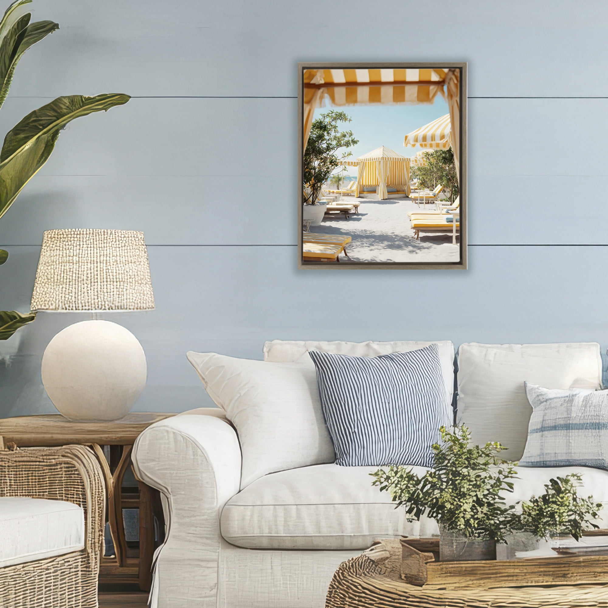 Stupell Industries Yellow Striped Beach Cabanas Brown Framed Floater Canvas Wall Art, design by Franklyn Gregory
