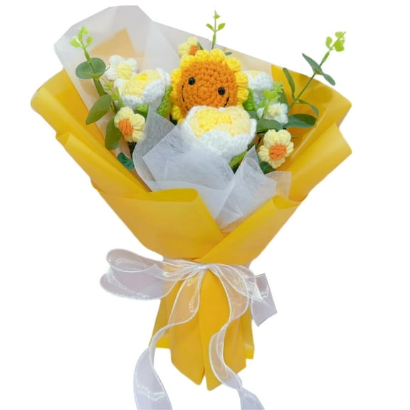 Handmade Crochet Flower Bouquet, Sunflower, Tulip, and Rose, Perfect Gift for Mother's Day, Valentine's Day, Teacher's Day, Yellow Paper Wrapping with Bow