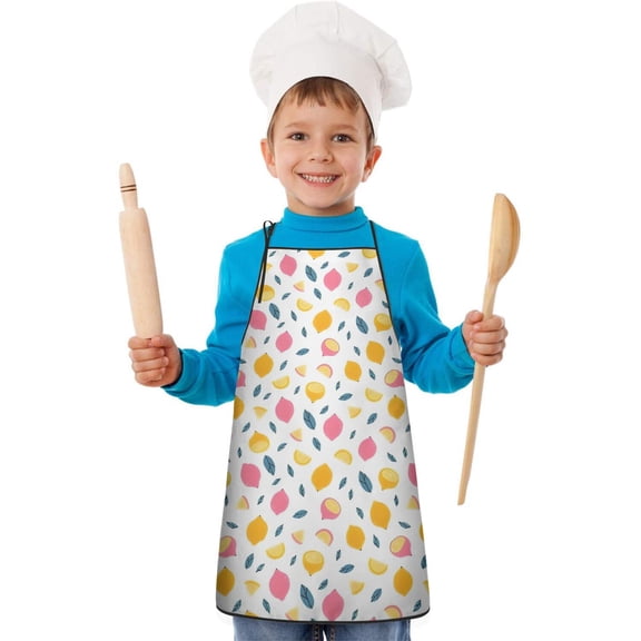 Yellow Pink Lemon Fruit Leaves White Pattern Kids Aprons for Girls and Boys,Adjustable Neck Strap Toddler Aprons for Kids Cooking Baking
