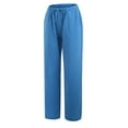 thumbnail image 3 of QLEICOM Womens Slacks Women's Relaxed Fit Straight Leg Pants Solid Cotton Linen Drawstring Elastic Waist Long Wide Leg Pants Work Cargo Casual Pants Wide Leg Pants Relaxed Fit Trousers Blue L, 3 of 7