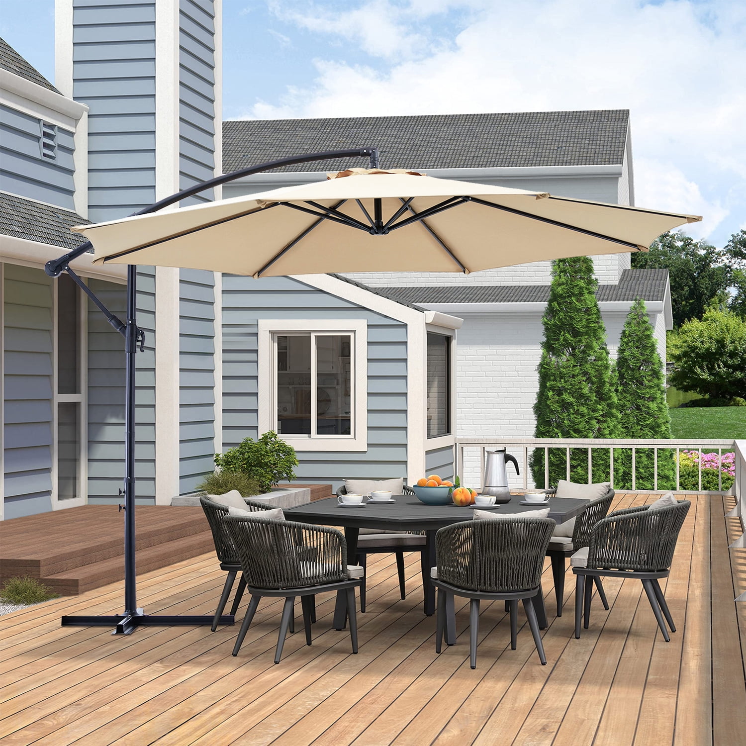 Blorly 10FT Offset Patio Umbrella, Hanging Cantilever Umbrella with Easy Tilt Adjustment, 8 Ribs, UV Protection, Khaki