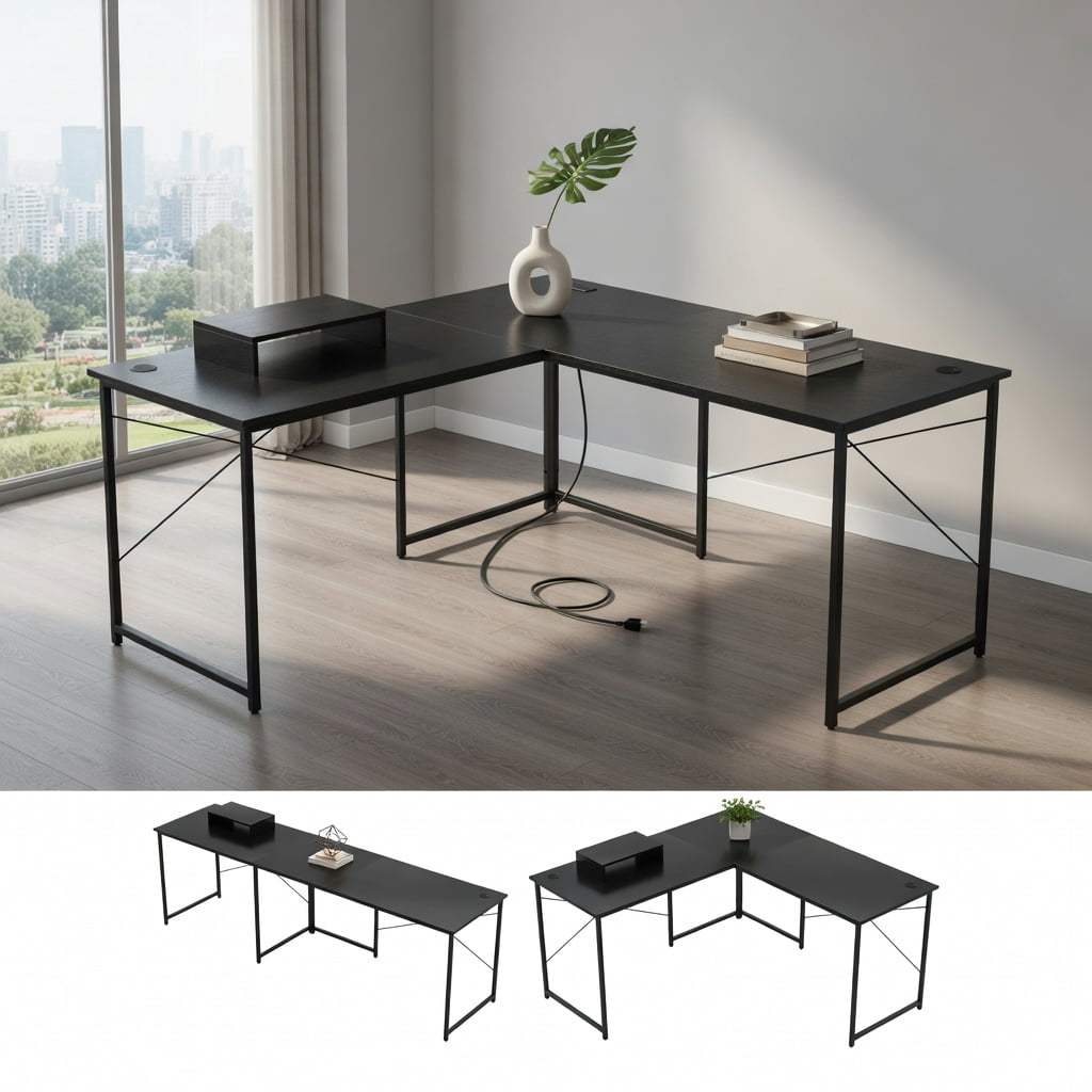 Demi Bonn 95" 2-Person L-Shaped Long Reversible Computer Desk with Monitor Stand, Small Home Office Desk Study Writing Table, Black