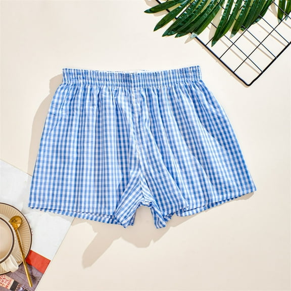 AKEGAMN Trendy Gingham Checkered Pure Cotton Breathable Sleepwear Shorts, Blue S-XL
