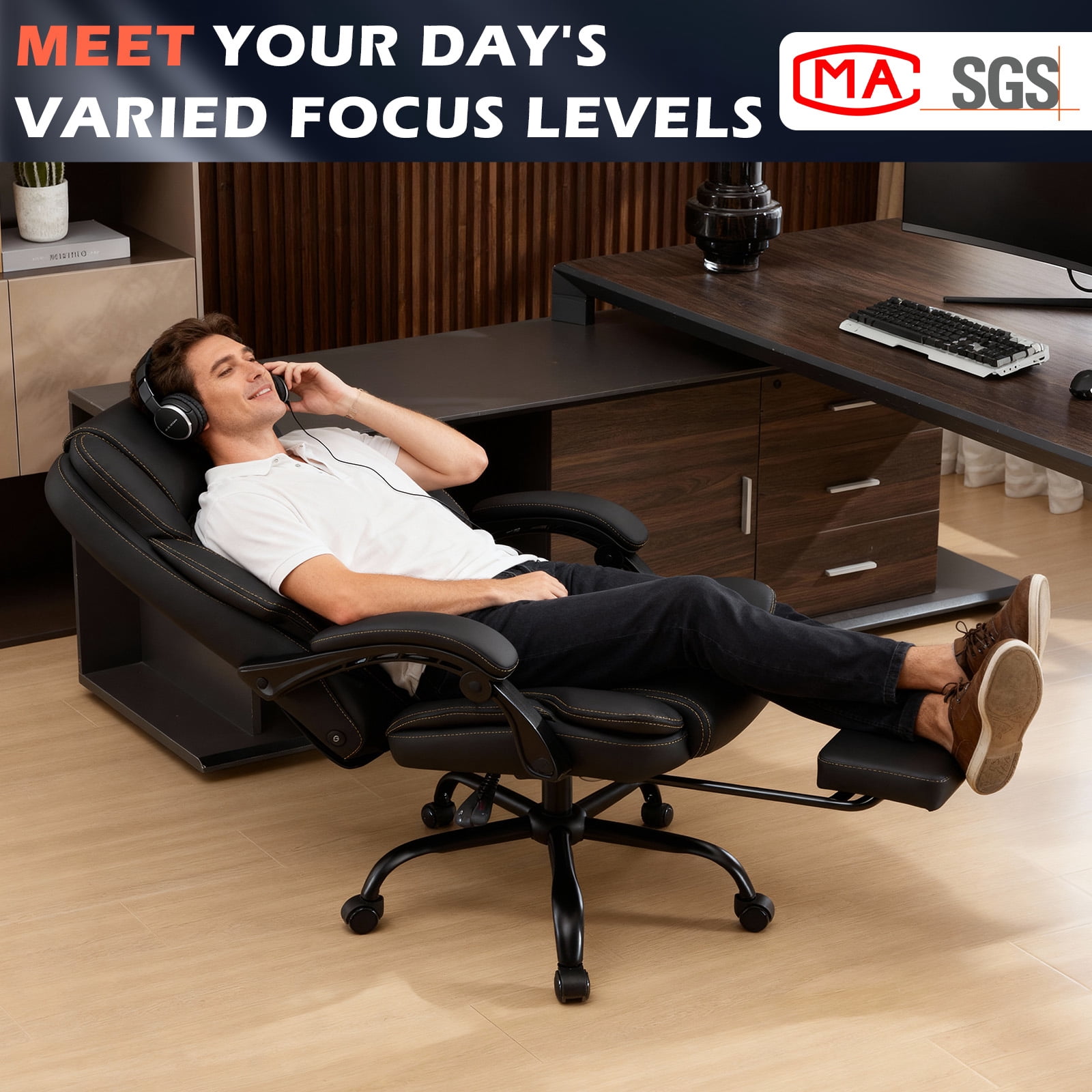 NYOAK Massage Office Chair with Foot Rest, Ergonomic Reclining Desk Chair with Dual Lumbar Kneading Massage, 500lbs Big and Tall Office Chair, Pet-Resistant Leather for Home Office