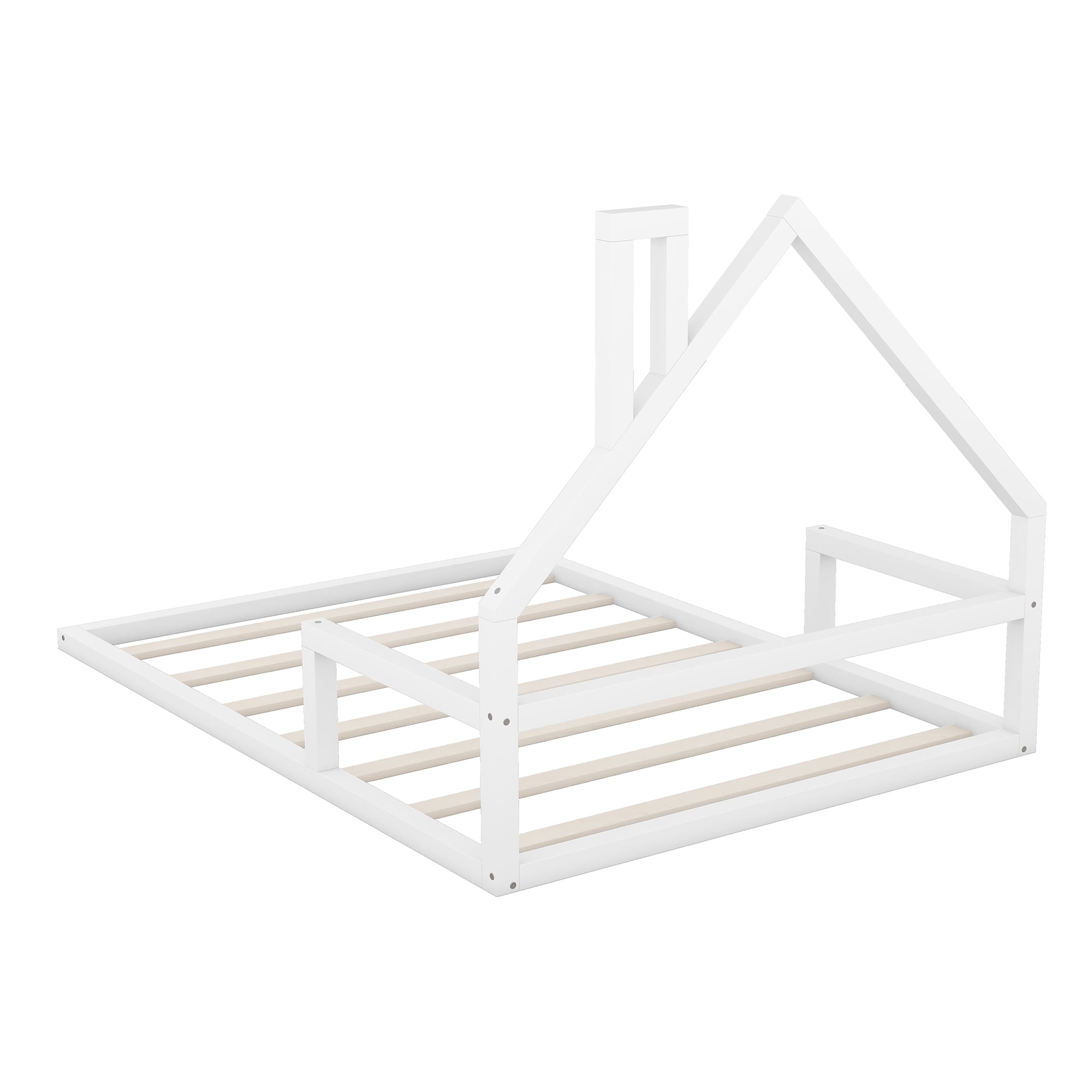 Euroco Full Size Wood Floor Bed for Kids Room, White