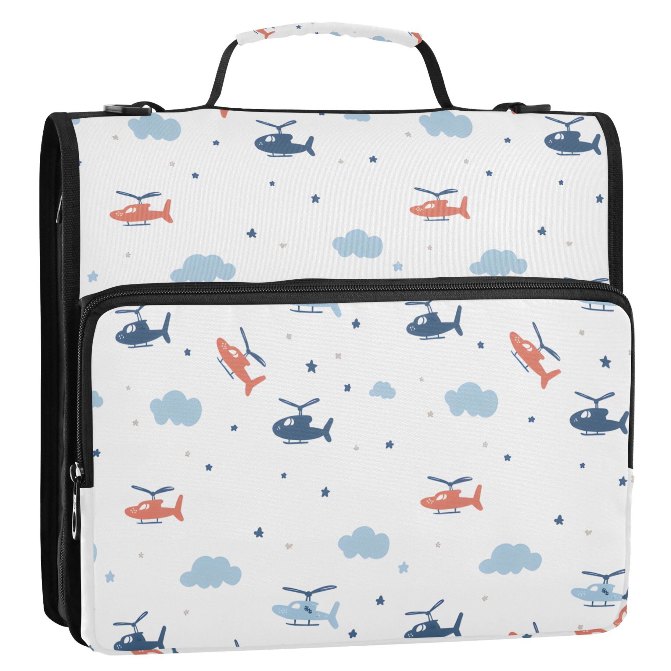 3 Ring Zipper Binder with Shoulder Strap Waterproof Trapper Keeper 2 Inch D-Ring 500 Sheets Capacity Helicopter and Cloud