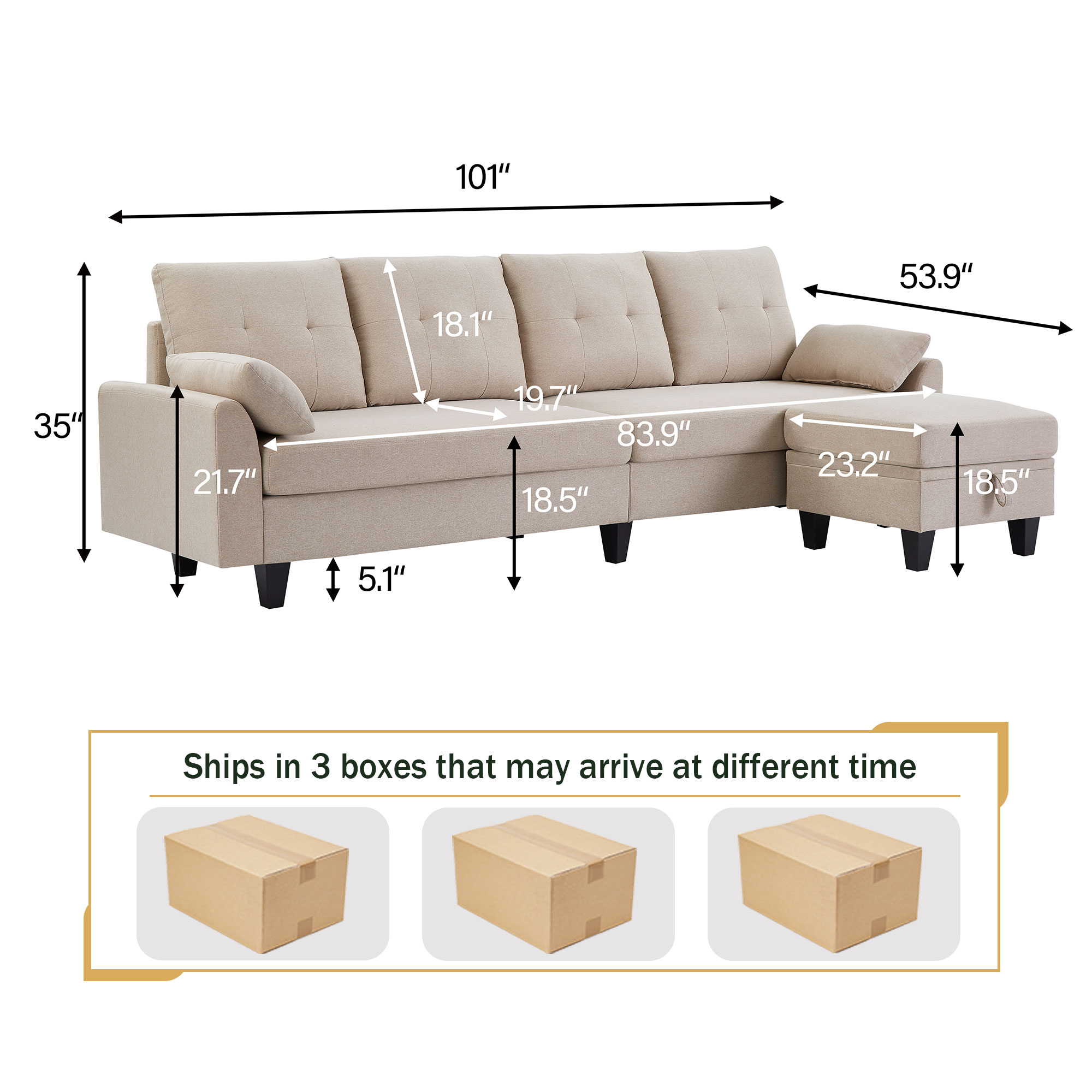 Soscana 102" Sectional Sofa Couch with Storage Ottoman and Side Pockets,4 Seater Chaise Sofa L Shaped Couch for Living Room Office Reading Room Apartment Studio