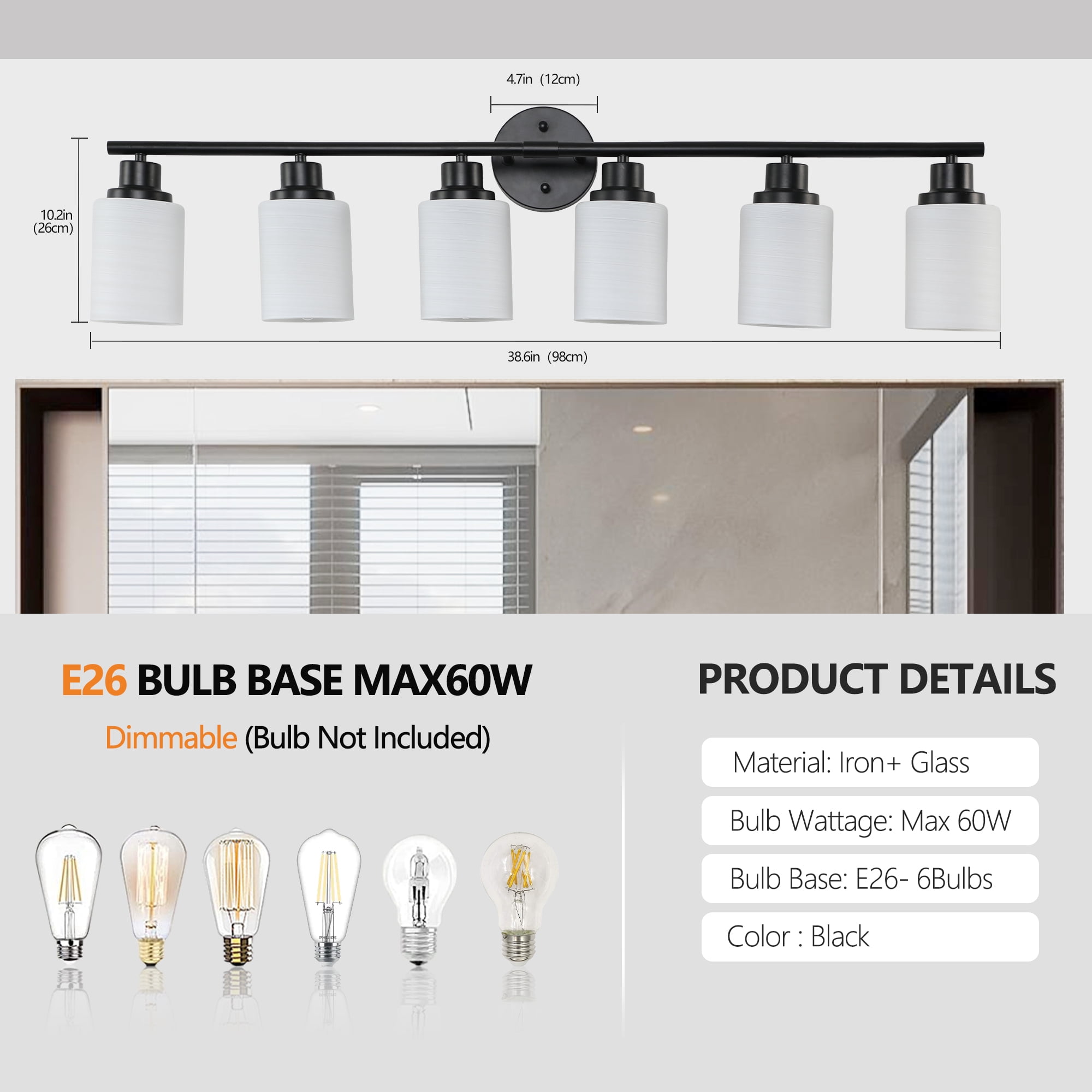 Miniyam Plug in 6-Light Modern Vanity Light, Black Wall Fixture with Frosted Glass Shades, E26 Base