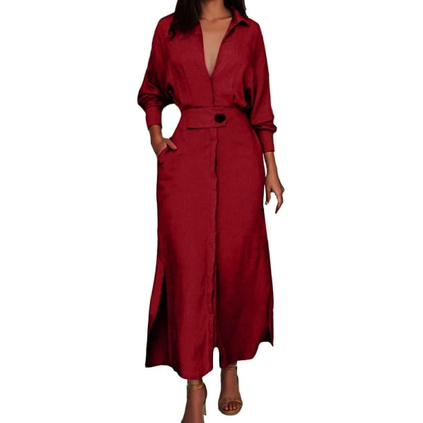 Vestido liso de mujer con cinturón, manga larga y escote en V profundo, poliéster y spandex, estilo informal y elegante, tallas S-XXXL