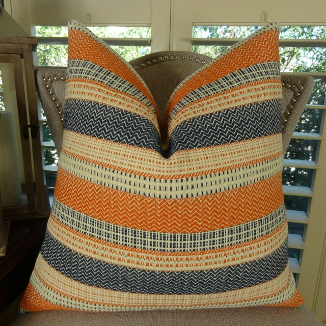 Thomas Collection Cayenne Orange Navy Cream Striped Woven Throw Pillow - 11166