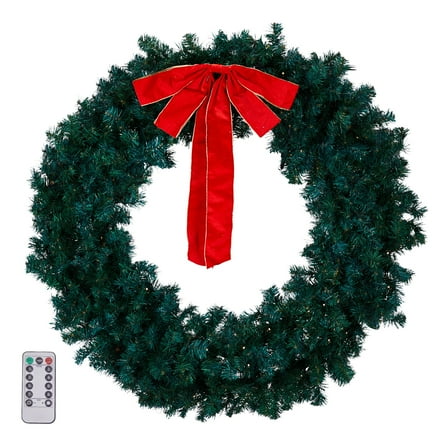 DECMAY 48" Pre-Lit Christmas Wreath with 150 Warm & Multi-Color LED Lights, 450 PVC Tips, Remote Control Stepless Dimming, Green Holiday Door Decoration