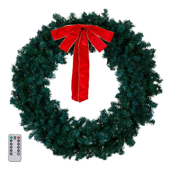 DECMAY 48" Pre-Lit Christmas Wreath with 150 Warm & Multi-Color LED Lights, 450 PVC Tips, Remote Control Stepless Dimming, Green Holiday Door Decoration