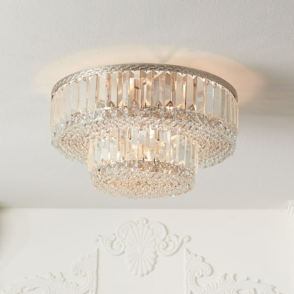 Vienna Full Spectrum Magnificence Modern Ceiling Light Flush Mount Fixture 16" Wide Brushed Satin Nickel Faceted Crystal Glass for Bedroom Living Room