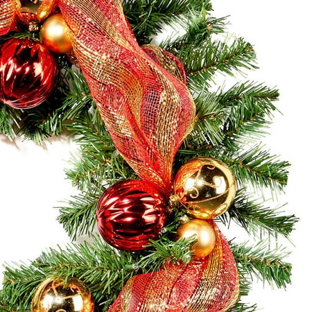 Noble House - 24-inch Noble Fir Pre-Lit Warm White LED Pre-Decorated Artificial Christmas Wreath - Green, Red, Gold