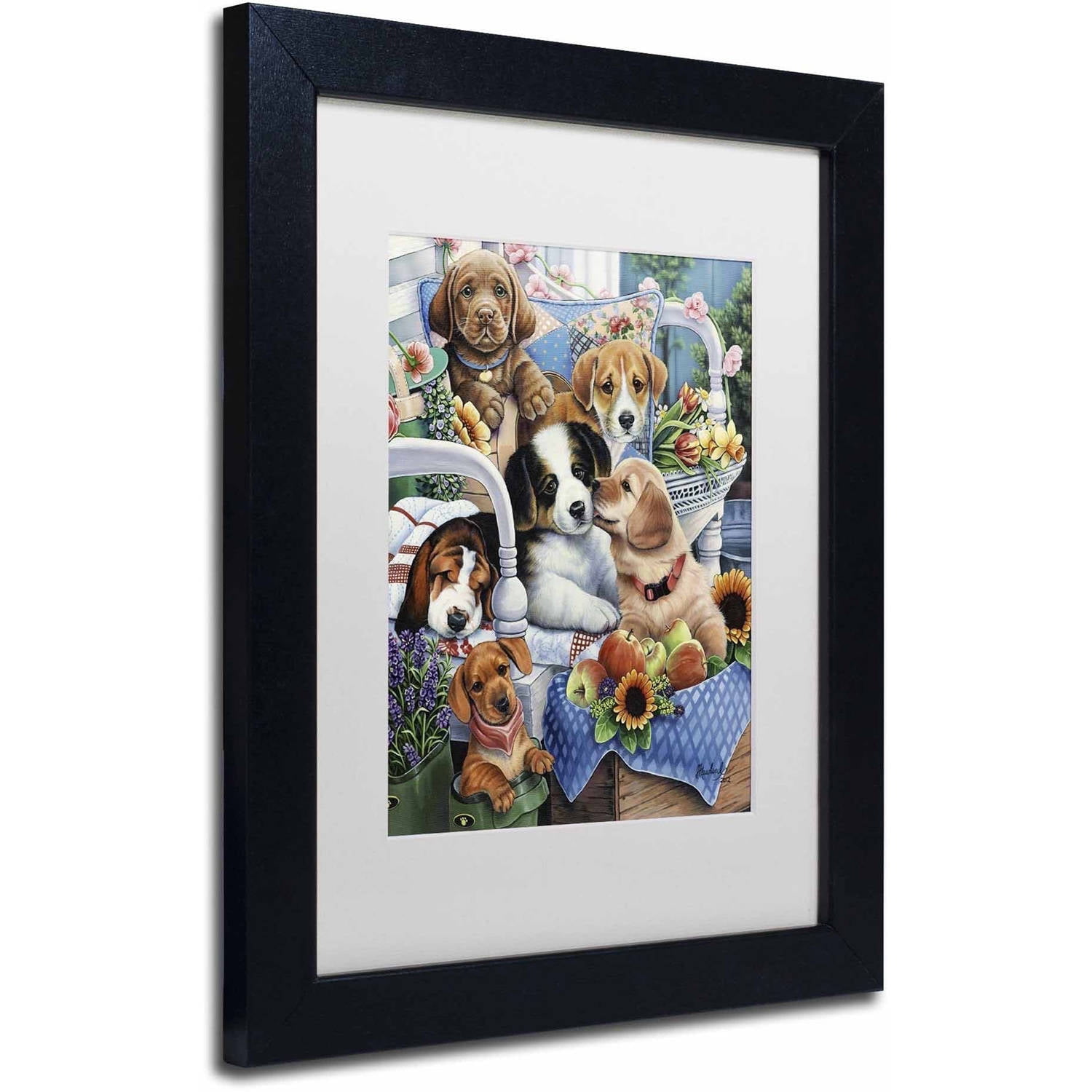 Trademark Fine Art 'Country Pups' Canvas Art by Jenny Newland, White Matte, Black Frame