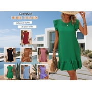 Cuteduck Womens Dresses Ruffle Sleeve Ruffle Hem Round Neck Textures Casual Dresses S-XL