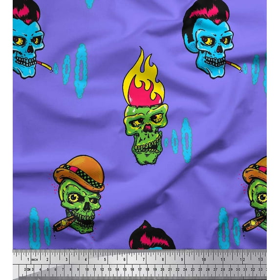 Soimoi Purple Georgette Viscose Fabric Skull Halloween Print Fabric by the Yard 42 Inch Wide