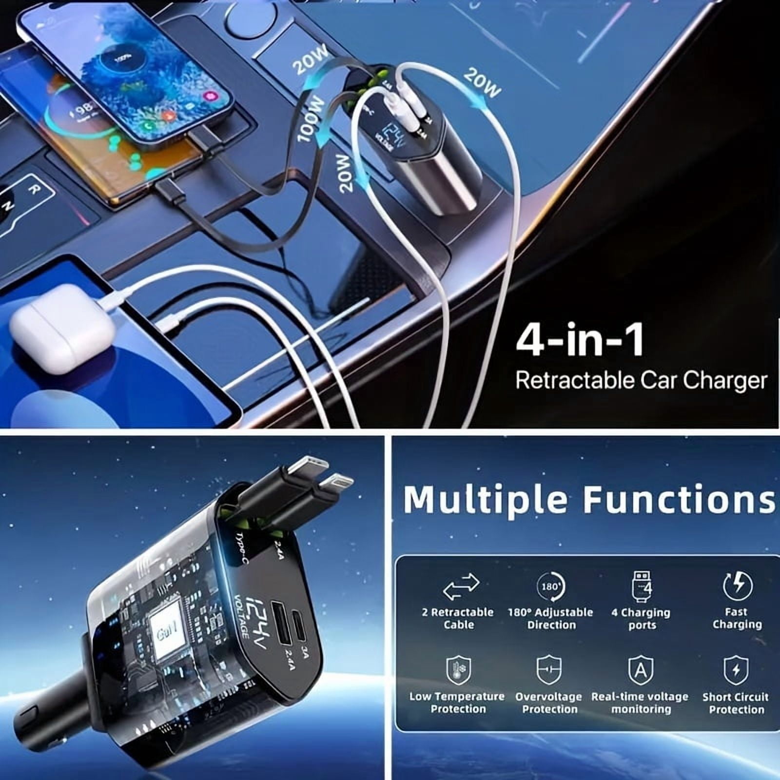 Retractable Car Charger 4in 1 Fast Car Phone Charger, Type C/IOS Car Charger Adapter with 2X Retractable Phone Charger Cables And 2X USB Ports for iPhone 15/14/13/12 Max, Samsung S24/S23, Smartphon