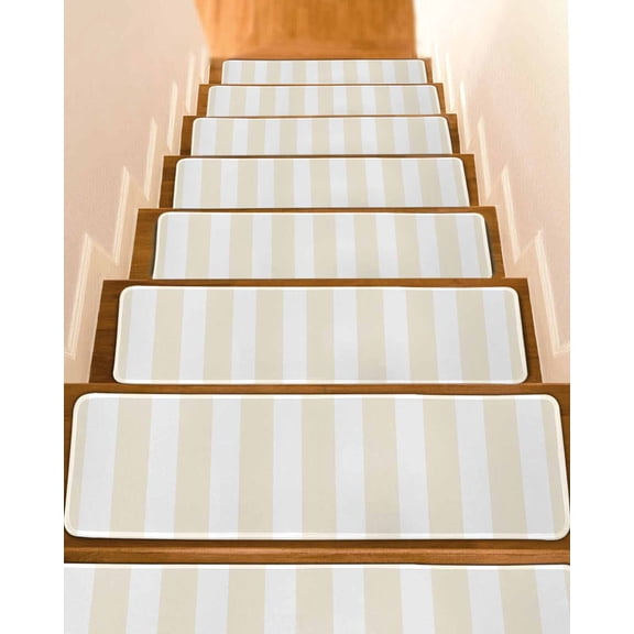 Cream Striped Stair Treads for Wooden Steps Indoor Runner Rug Carpet, Modern Farmhouse Cream White Stripes 7 Pieces Peel and Stick Staircase Step Treads Covers Washable Throw Door Mats, 30"x8"