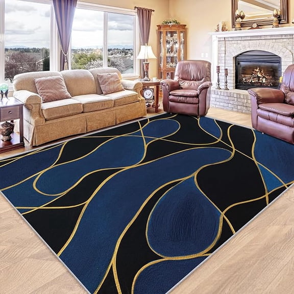 Abstract Rugs & Home Decor, Blue Black Gold Area Rug for Bedroom Living Room, Geometric Carpet, Non Slip Machine Washable Low Pile Rug, Indoor Floor Rugs 2 x 3ft