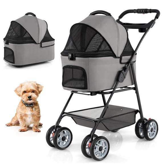 Gymax 3 in 1 Pet Stroller w/Removable Carrier All-Terrain 4-Wheel Foldable Stroller Gray