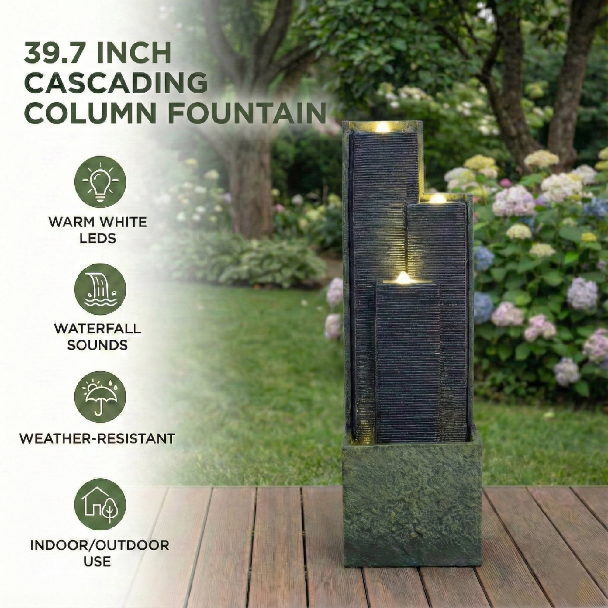 40" Outdoor Water Fountain with LED Lights, Modern Geometric Tiered Waterfall Fountain, Ribbed Column Water Feature for Garden, Patio and Backyard Decor