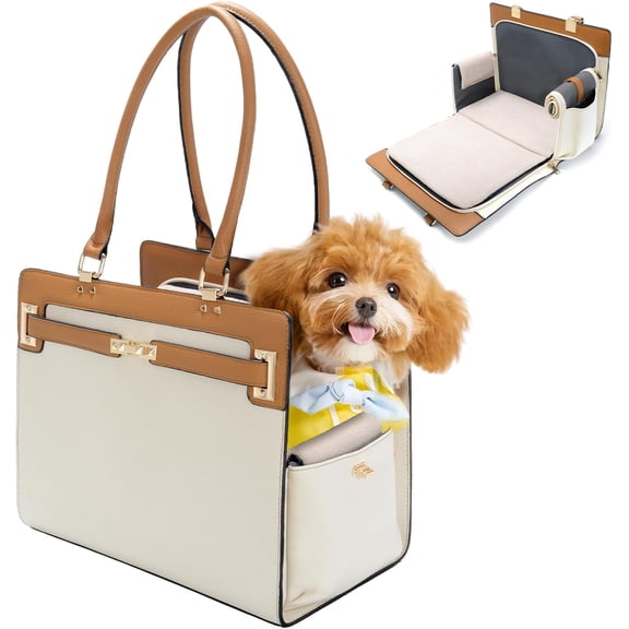 2-in-1 Stylish Dog Purse Carrier Soft-Sided Carriers Travel Tote Bag for Small Dogs Cats, Fashion Foldable Pet Bag for Puppies Small Animals with Pockets (Beige Brown, 15" L x 7.5" W x 12.2" H)