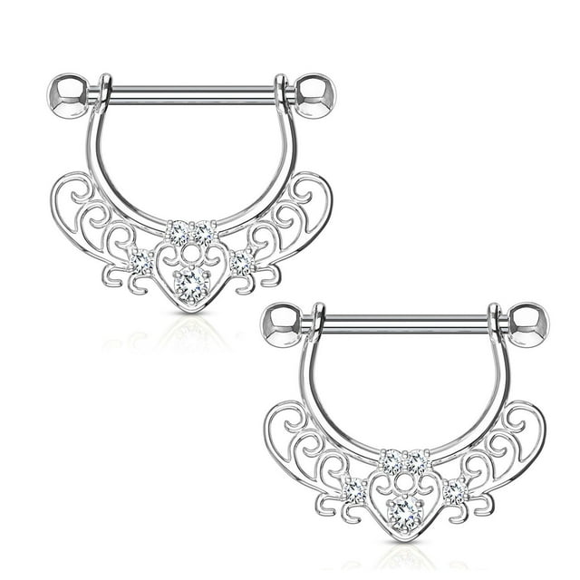 PAIR of Nipple Rings CZ Set Center Heart Filigree Dangle 316L surgical Steel 14G