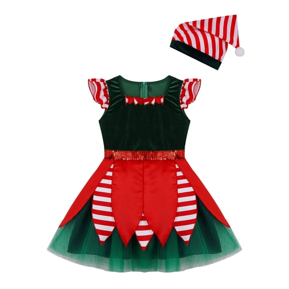 Aislor Girls Christmas Elf Santa Helper Dress Outfit Dance Party Performance Green 4