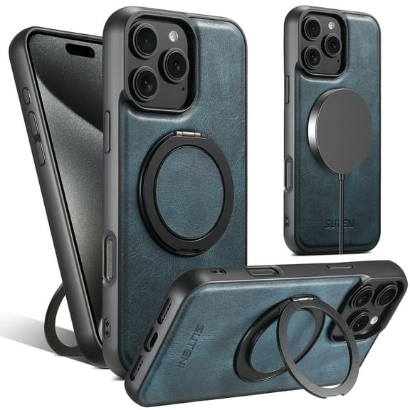 Case for iPhone 12 Pro Max, PU Leather PC Frame, Compatible with MagSafe, Magnetic Rotating Stand, Ultra Slim Shockproof Anti-Scratch Protective Cover, for Men and Women, Blue