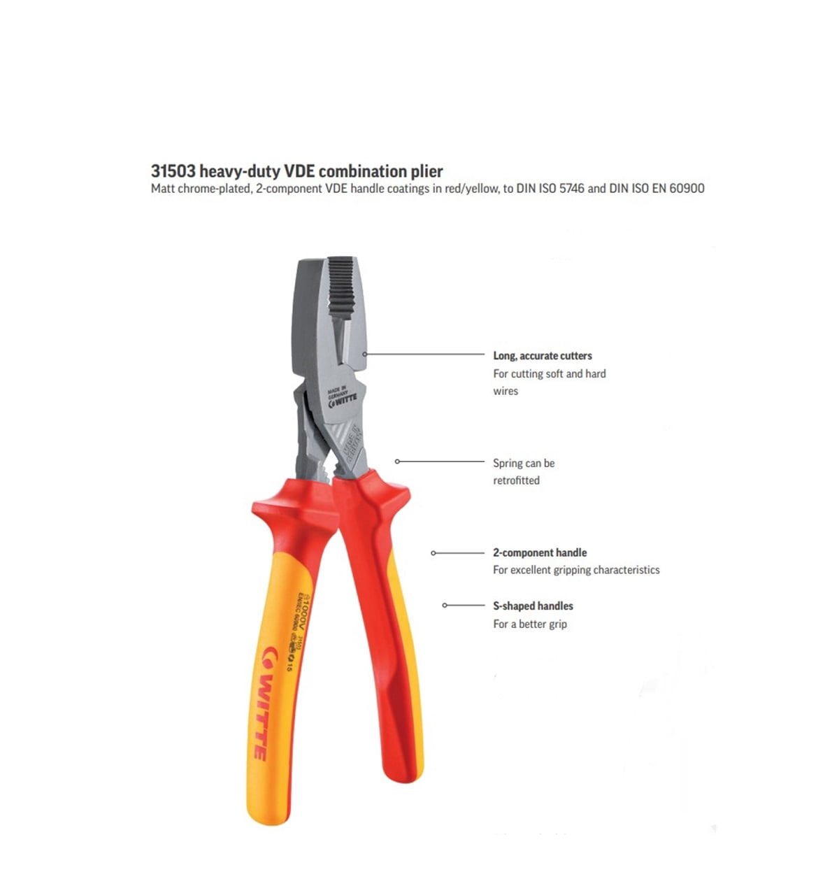 WITTE 31503_1000V Professional Electrician Heavy Duty Combination Pliers / Cutters