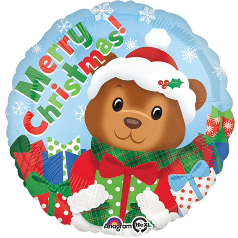 Merry Christmas Jolly Teddy Bear Round 18" Foil Balloon, Blue Brown