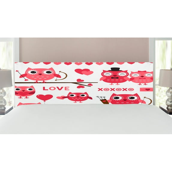 Animal Headboard, Owls Image with Romantic Elements Arrow Eyesight Partners in Amour Design, Upholstered Decorative Metal Bed Headboard with Memory Foam, King Size, Red White, by Ambesonne