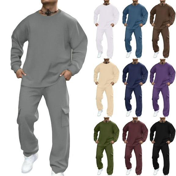 JULMCOMO Sweatsuits for Men 2-Piece Tracksuits Sweatshirt Loose-Fit Jogging Long Sleeve Autumn Crew Neck Matching Sweatsuits Outfits Sweatpants Suits Sets Beige L-Large