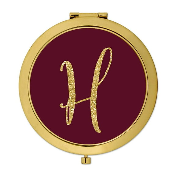 Koyal Wholesale Gold Compact Mirror Bridesmaid's Wedding Gift, Burgundy Maroon Jewel Tone , Monogram Letter H, 1-Pack