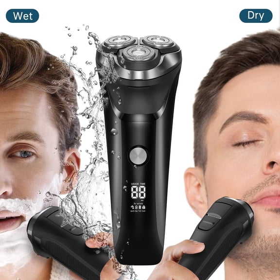 2 in 1 Men's Electric Razor, IPX7 Waterproof 4D Electric Rotary Shaver Cordless Facial Face Shaver Dry Wet Beard Trimmer Travel USB Rechargeable w/ LED Display & Holder for Shaving Husband Dad