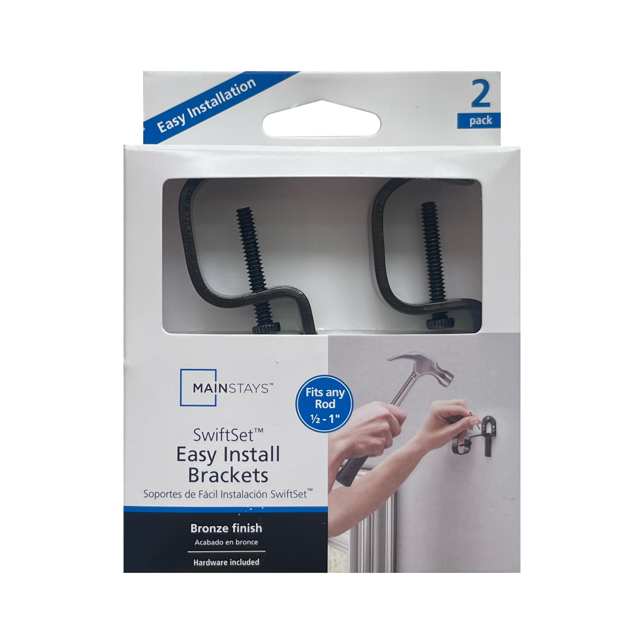 (2 pack) Mainstays SwiftSet™ No Drill Bronze 1/2-1" Curtain Rod Brackets, 2 Count